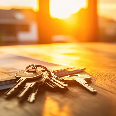 Schlüsselbund und Mietvertrag auf Schreibtisch in sonnigem Büro mit Blick auf Wohnhaus als Sinnbild für den Fachbereich Immobilienrecht